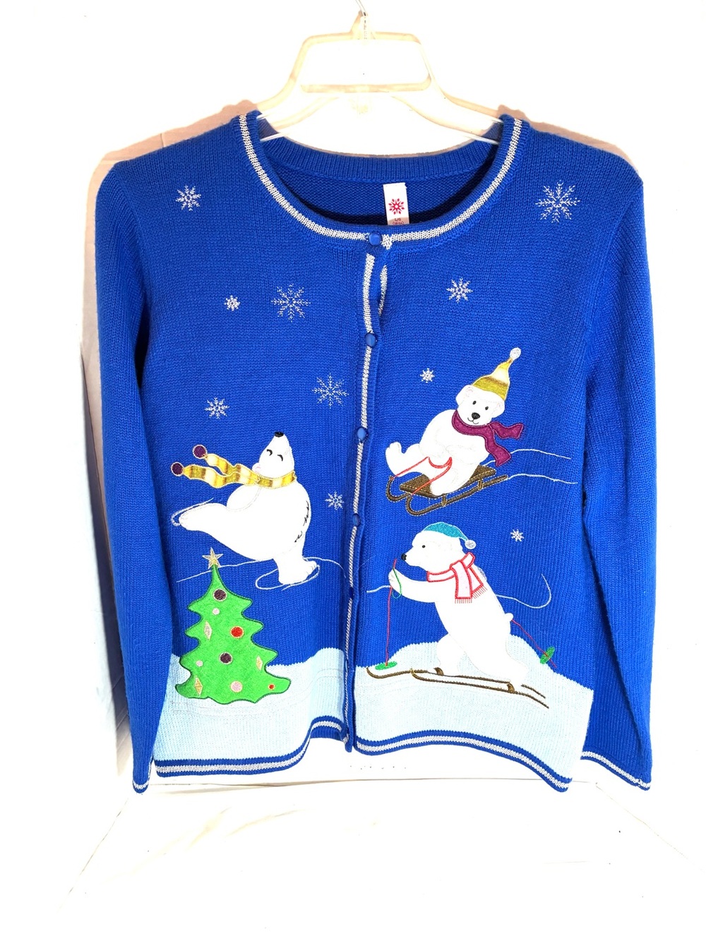 Women’s Blue Polar Bear Christmas Cardigan Sweater Size Large